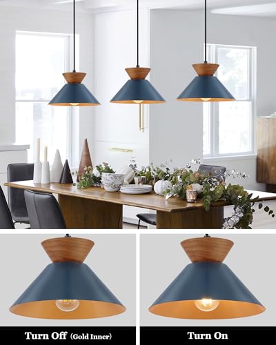 10 Inch Modern Pendant Light Fixture Farmhouse Solid Wood Hanging Lamp with Navy Blue Metal Shade & Gold Inner Finish Adjustable Pendant Light for Kitchen Island Dining Room Bedroom Modern Blue