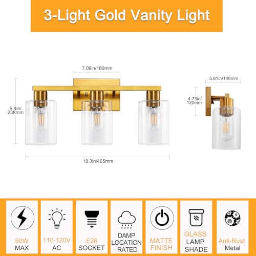 Gold 3 Light Bathroom Vanity Light