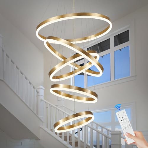 5 Rings Modern LED Chandelier Gold High Ceiling Chandelier with Remote Control Dimmable Pendant Lighting for Dining Room Foyer Living Room Entryway Staircase