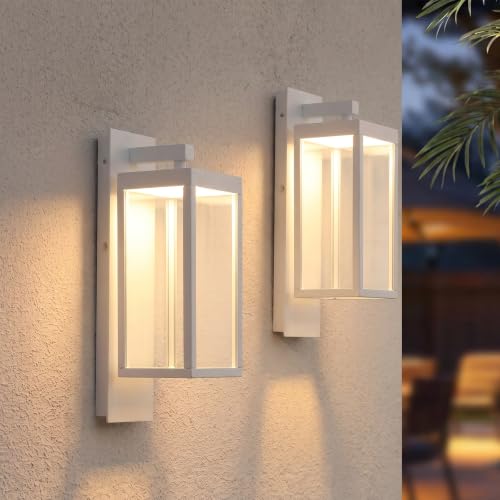 Outdoor Wall Light Lantern 2 Pack LED White Modern Exterior Light Fixture with Clear Glass 13W Anti