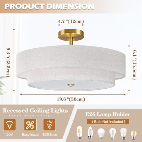 20" Modern 2 Layer Fabric Ceiling Light Gold Classic Drum Light Fixture 5