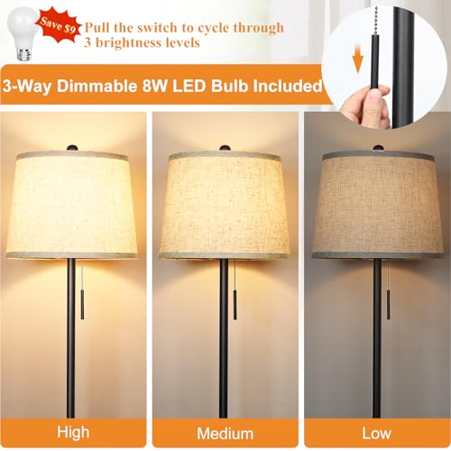 Upgraded】 Modern Black Floor Lamp 63in Standing Lamp for Living Room Bedroom Office 3 Way Brightness Dimmable Tall Pole Light with Beige Linen Shade Metal Shade 8W 3000K LED Bulb Included
