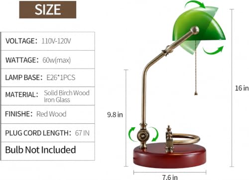 Bankers Lamp Traditional Green Glass Desk Lamp Solid Wood Pull Chain Switch