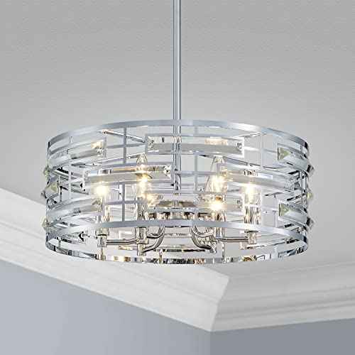 Saint Mossi Modern K9 Crystal Chandeliers, Drum Pedant Light Fixture for Living Space, D18 x H24, Adjustable Chains 59", Chrome Finish Metal Frame