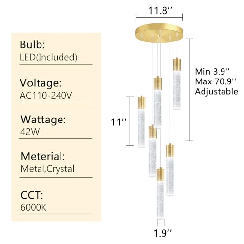 6 Lights Modern Crystal Chandeliers for Dining Room Kitchen Island Crystal Pendants Light Fixture High Ceiling Hanging for Entryway Bedroom Foyer 6000K