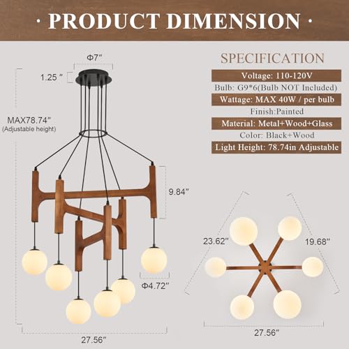 Farmhouse 6 Light Wooden Chandelier with Milk Glass Globe L28 Inch (6 Count)