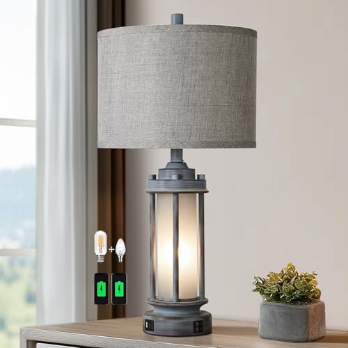 25" Rustic Farmhouse Nightstand Lamp with 2 USB C+A Ports
