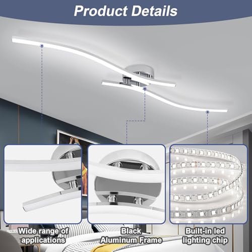 28W Chrome Linear Ceiling Light Modern LED Ceiling Light Fixture 6000K Aluminum 39.37Inch Long Ceiling Lamp for Hallway