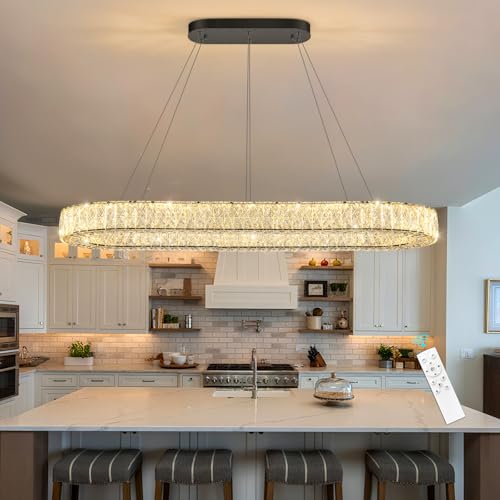 Modern Oval Crystal Chandelier for Dining Room Dimmable LED Chandeliers Rectangular Pendant Light Fixture with Remote for Living Room Kitchen Island Black