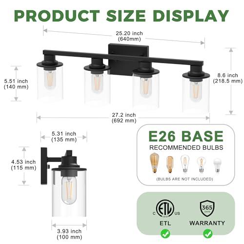 4 Light Black Bathroom Light Fixture Over Mirror ETL Listed