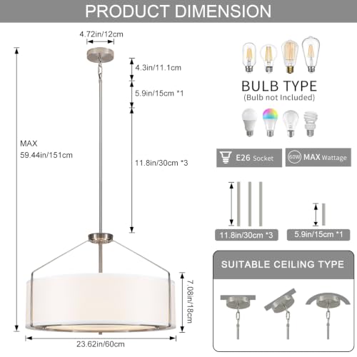 23Inch Drum Chandelier Large Nickel & White Pendant Lights for Dining Room