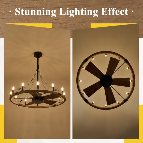 Oak Wooden Wagon Wheel Chandelier Fans 12