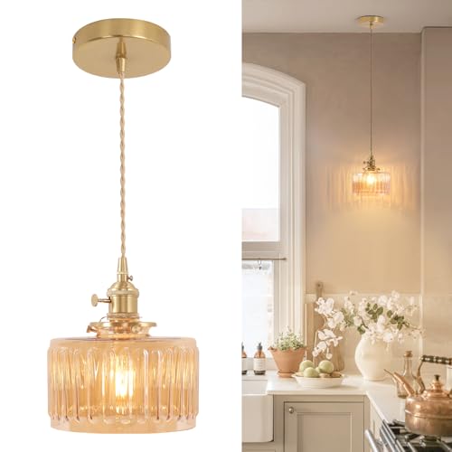 Pendant Light with Amber Striped Glass Lmapshade