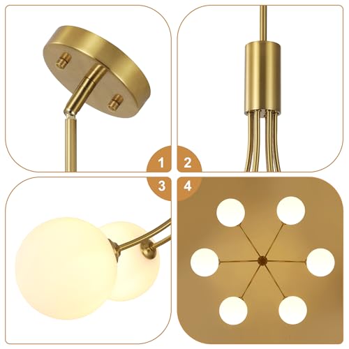 6 Light Modern Gold Sputnik Chandelier Mid Century Brushed Brass Light Fixture with Milk Glass Globes for High Ceiling Dining Room Kitchen Island Living Room