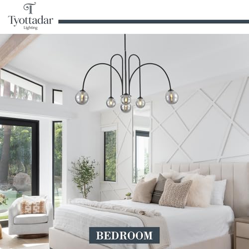 6 Light Modern Sputnik Chandelier L41’’ Black Mid Century Pendant Chandelier with Smoked Glass Shades Contemporary Large Pendant Light Fixture for Foyer Bedroom Staircase Living Room Kitchen
