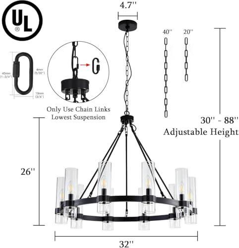 32 Inch Black Wagon Wheel Chandelier with Glass Shade