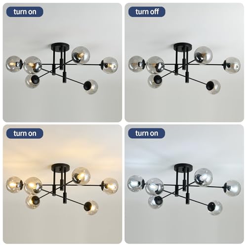 6 Light Glass Globe Sputnik Light Fixture Modern Matte Black Chandelier Semi Flush Mount Ceiling lamp for Living Room Kitchen Dining Room Farmhouse Bedroom