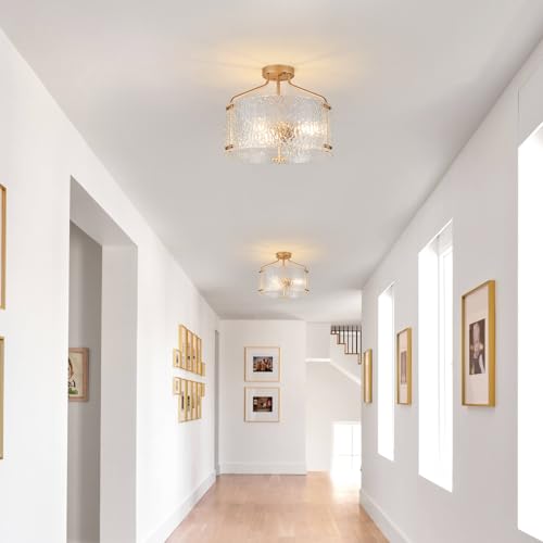 Semi Flush Mount Ceiling Light Fixture Glass Drum Chandelier Entryway Light Fixture 16''Gold Flush Mount Ceiling Lights 3 (3 Count)