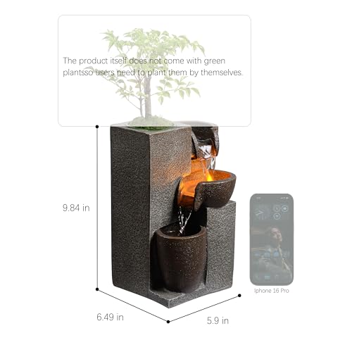 Resin Tabletop Waterfall Fountain with LED Light & Plant Pot