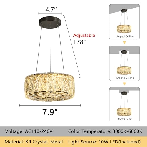 Modern Crystal Chandelier for Dining Room Dimmable LED Pendant Ceiling Light Fixtures with Remote for Entrance Bedroom Kitchen Island Black