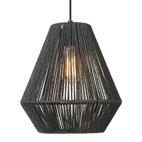Modern Woven Pendant Light Fixtures 11.8" Farmhouse Coastal Hanging Lamp Matte Black Handwoven Rattan Basket Shade Boho Pendant Light for Kitchen Island Dining Room Bar Bedroom Foyer Hallway