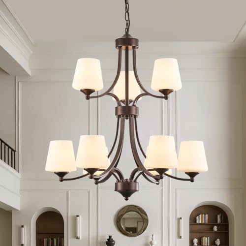 2 Tier Oil Rubbed Bronze Chandeliers 9 Light Large Modern Farmhouse Chandeliers for Dining Room Lights Fixture with Frosted Glass 47" Retro Chandeliers for Living Room Staircase
