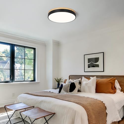 Modern LED Wood Black Round Flush Mount Ceiling Light 15.74 Inch
