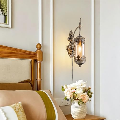 Rustic Gothic Plug in Wall Sconce with Amber Glass