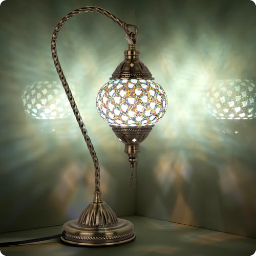 Turkish Moroccan Lamp with Bronze Base 3 Color Options Handmade Swan Neck Mosaic Glass Bedside Lamps for Bedroom