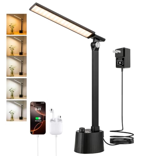 Small Desk Lamp with USB C Charging Port 5 Colors Stepless Dim Black (Matte Black / Compact)