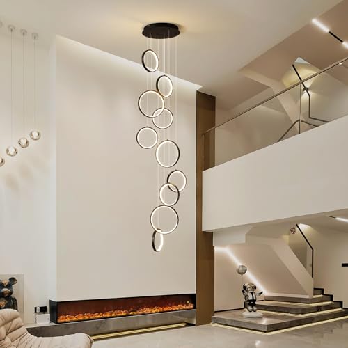 Modern 10 Ring Black LED Chandelier for High Ceilings and Foyers
