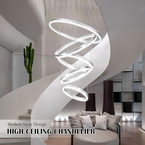 5 Rings Pendant Lights Modern Nickel Led Chandelier Nickel Modern Led Pendant Light Dimmable Height Adjustable Chandeliers for Dining Room Bedroom Entryway Living Room Foyer