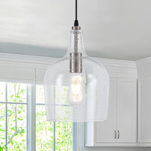 9” Brushed Nickel Seeded Glass Pendant Light Modern 1 Light Single Dome Pendent Lighting Fixtures for Kitchen Island Dining Room Hallway