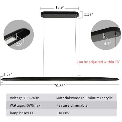 71" Wood Linear Pendant Light Black Linear Pendant Dinning Room Hanging Lights LED Dimmable Chandeliers 50w for Dining Room Pool Table Lights Kitchen Island Light Black