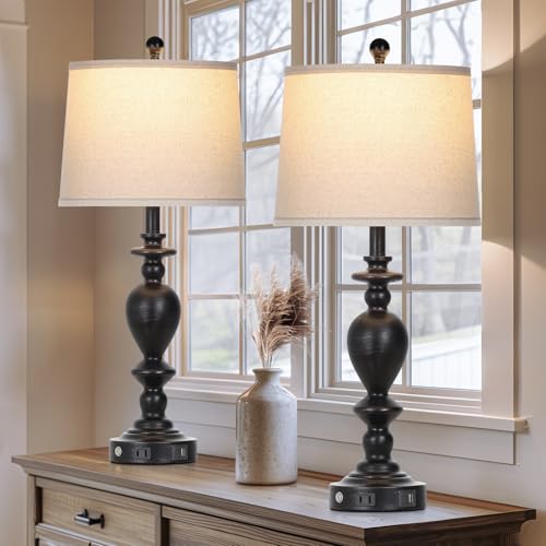 28" Tall Farmhouse Bedside Lamp Set of 2 (Black-2)