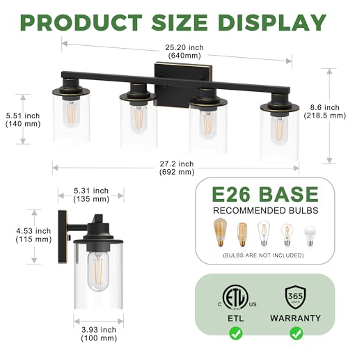 4 Light Black with Gold Trim Bathroom Vanity Light Fixture