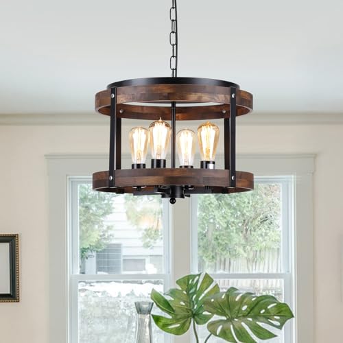 4 Light Large Rustic Farmhouse Wood Pendant Light Fixture with Adjustable Chain