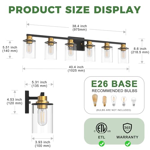 6 Light Black and Gold Bathroom Light Fixture Over Mirror