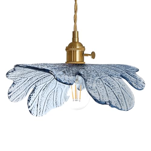 Vintage Glass Pendant Light Gold Brushed Brass Hanging Light with Blue Flower Glass Shade