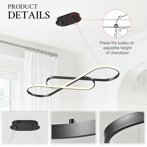 Modern LED Chandelier Black Dimmable LED Pendant Light for Dining Room Light Fixture Over Table Modern Kitchen Island Lighting High Ceiling with Remote for Living Room