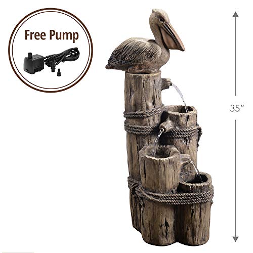 35.42" 4 Tier Pelican and Driftwood Pier Post Outdoor Cascading Water Fountain