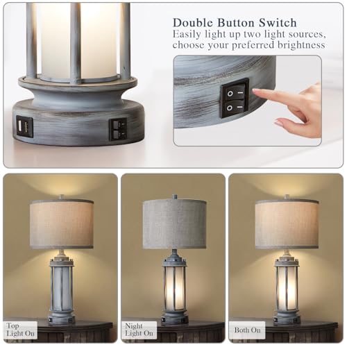25" Rustic Farmhouse Nightstand Lamp with 2 USB C+A Ports