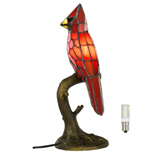 A0011 Cardinal Tiffany Style Table Lamp Handmade Stained Glass Red Bird Lamp in Height 14.5" Overall for Bedside Livingroom Bedroom Home
