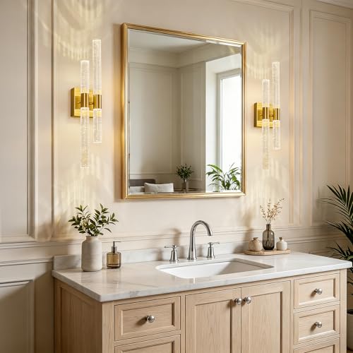 Crystal Wall Sconces Set of Two LED Bathroom Vanity Light Fixtures Gold 21.25in 4000K Vertical and Horizontal Wall Mounted Sconces for Bedroom (2 Count)