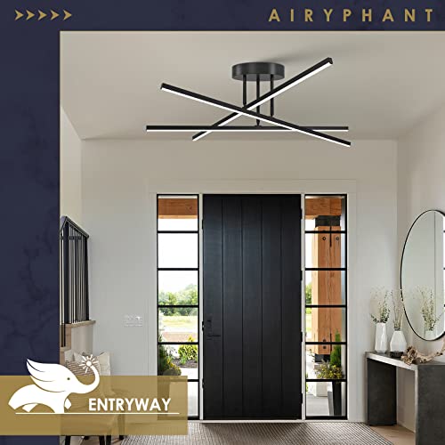 Modern LED Chandelier 24W Dimmable Black Semi Flush Mount Ceiling Light Fixture for Kitchen Dining Room Foyer Entry