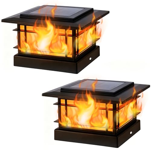 4x4 Solar Post Cap Lights Outdoor with Flickering Flame Light (2 Count)