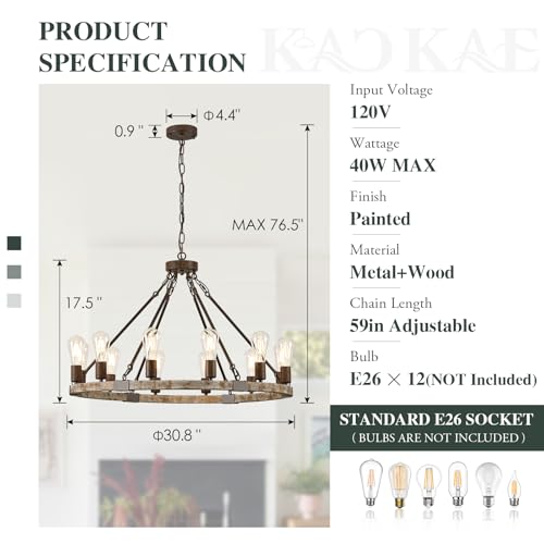 Farmhouse Wagon Wheel Chandelier 31" Wooden Chandelier Light Fixture 12