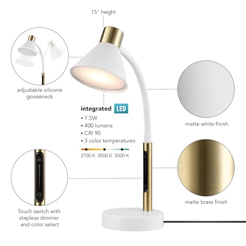 15" LED Integrated Matte White Desk Lamp with Matte Brass Accent and Adjustable Silicone Gooseneck