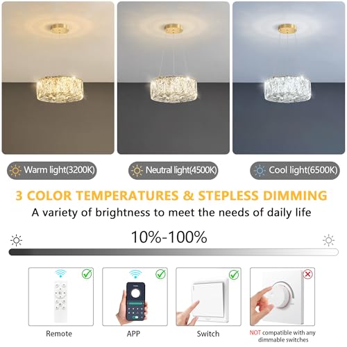 Modern Crystal Chandelier for Dining Room Dimmable LED Pendant Ceiling Light Fixtures with Remote for Entrance Bedroom Kitchen Island Gold
