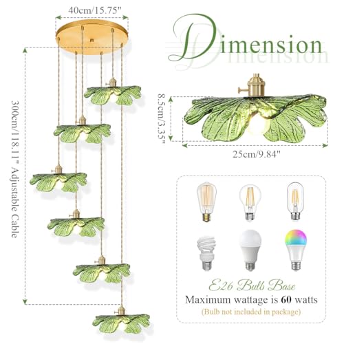 Long High Ceiling Chandelier with Green Blown Flower Glass Shade Vintage Flush Mount Ceiling Hanging light Gold brass pendant light 5 light Ceiling Chandeliers for Staircase Foyer Entryway Living
